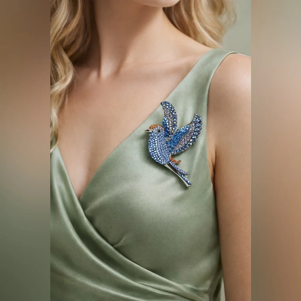 Exquisite Blue Crystal Bird Brooch
